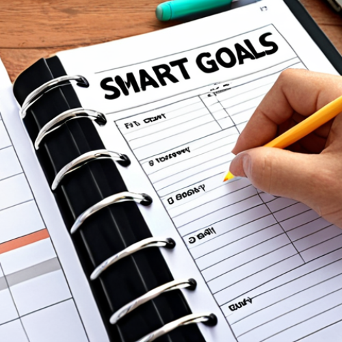 **

Prompt: SMART goals concept. Close-up of a person writing in a planner, focusing on specific, measurable, achievable, relevant, and time-bound aspects of goal setting. Motivational and organized workspace.

**