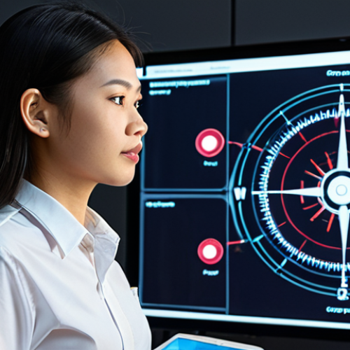 A young Thai professional stands confidently, illuminated by a glowing digital compass that serves as a guide. The compass points clearly through a dynamic, fast-paced digital landscape filled with data streams and interconnected nodes. The scene emphasizes 'feedback' as a crucial tool for navigation and continuous progress in the modern digital era. The overall mood is optimistic and forward-thinking, with vibrant digital art aesthetics.
