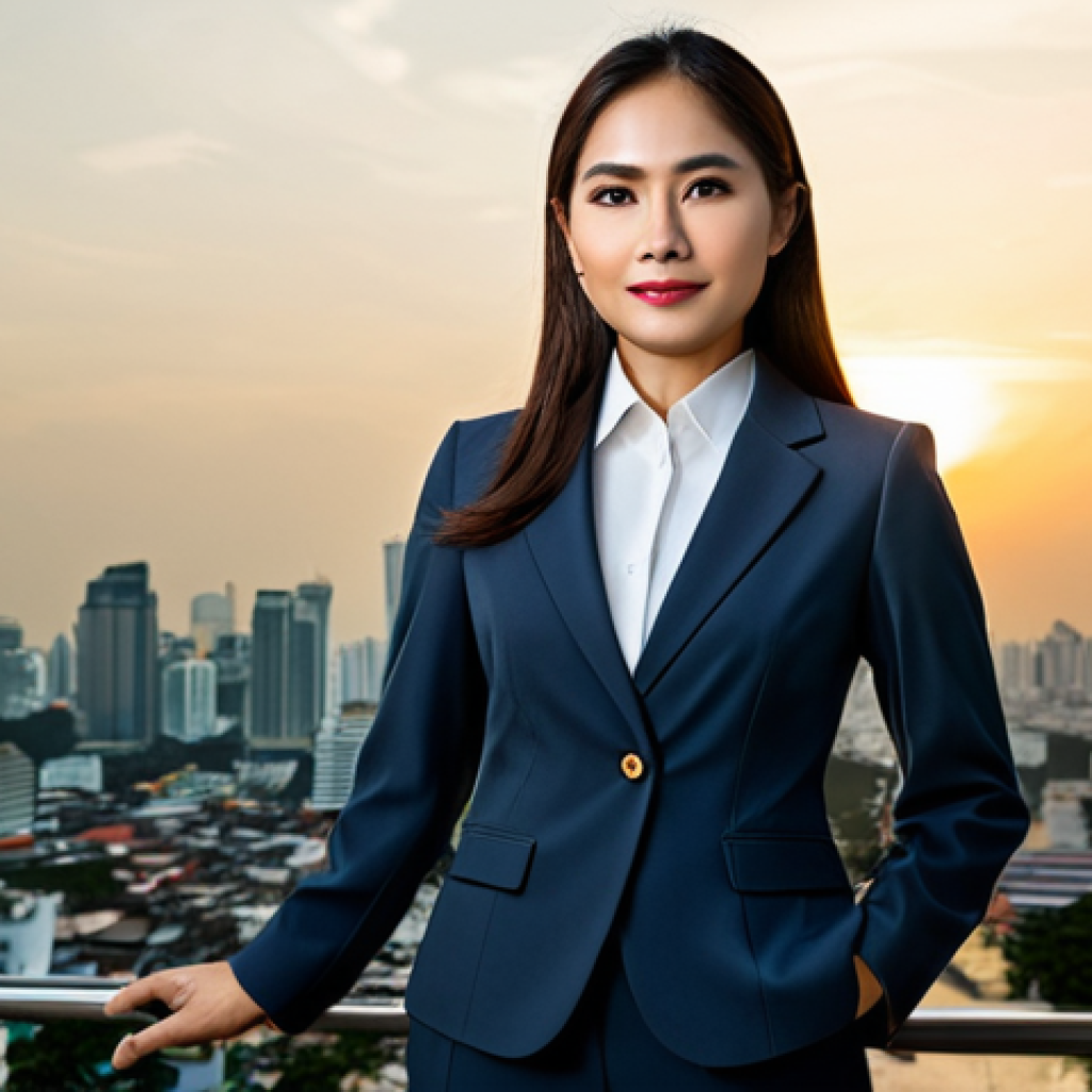 **
"A professional Thai businesswoman in a modest, tailored business suit, standing confidently in front of the Bangkok skyline at sunset, fully clothed, appropriate attire, safe for work, perfect anatomy, natural proportions, professional photograph, warm lighting, family-friendly, appropriate content."
**