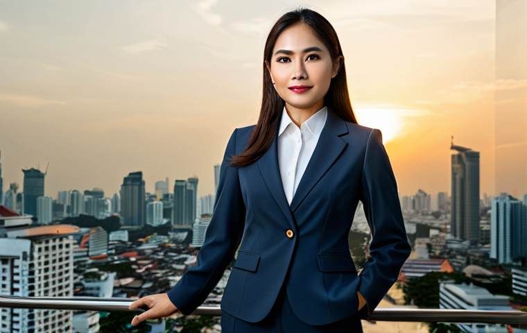 **

"A professional Thai businesswoman in a modest, tailored business suit, standing confidently in front of the Bangkok skyline at sunset, fully clothed, appropriate attire, safe for work, perfect anatomy, natural proportions, professional photograph, warm lighting, family-friendly, appropriate content."

**