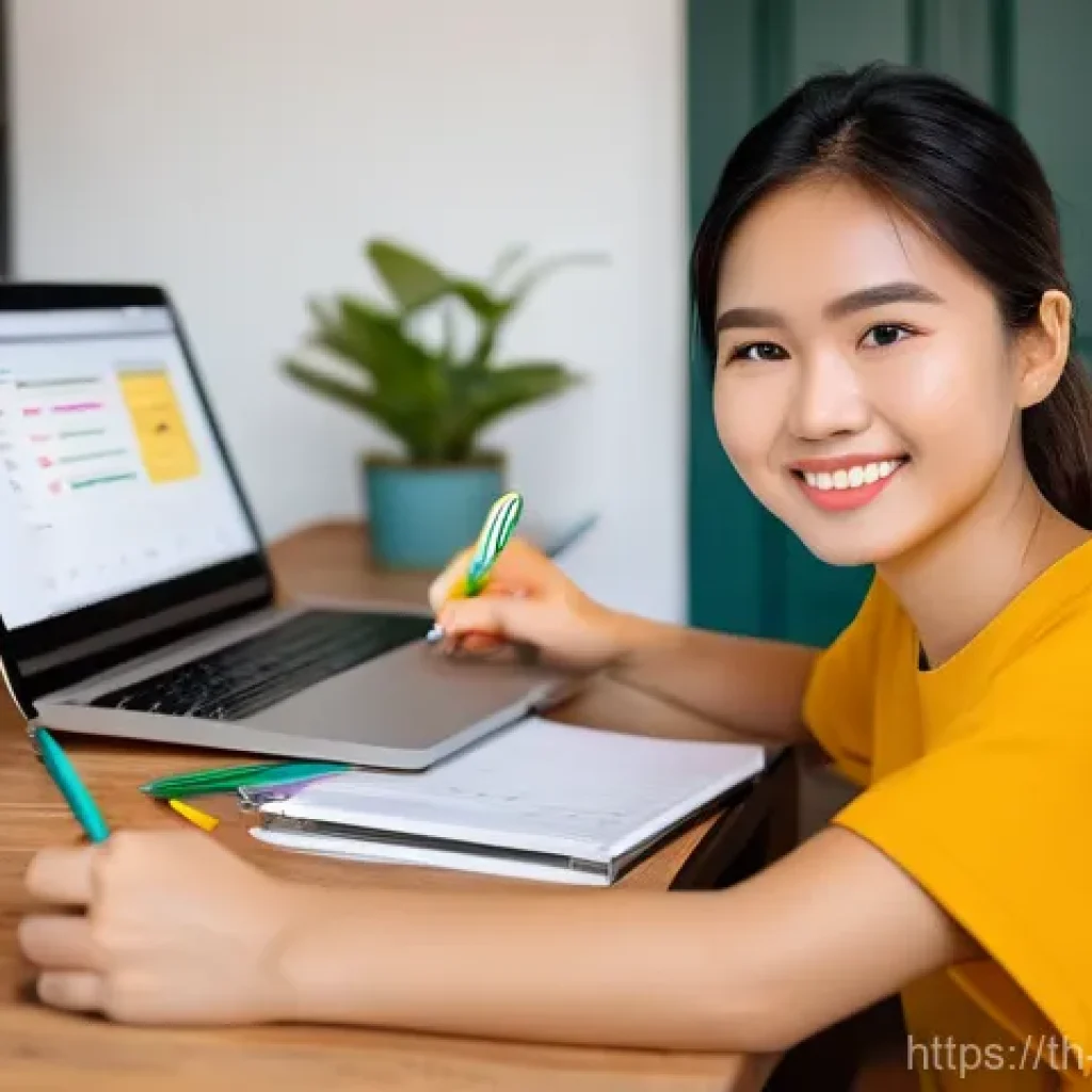 학습 과정에서의 자기 보상 시스템 - **Prompt:** A young Thai woman (20s) with a bright, focused expression is studying at a modern, uncl...