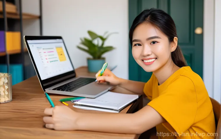 학습 과정에서의 자기 보상 시스템 - **Prompt:** A young Thai woman (20s) with a bright, focused expression is studying at a modern, uncl...