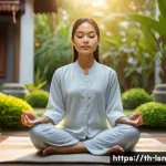 자기 목표 성취를 위한 인내심 기르기 - A serene scene showing a young Thai woman practicing mindfulness meditation in a tranquil garden at ...