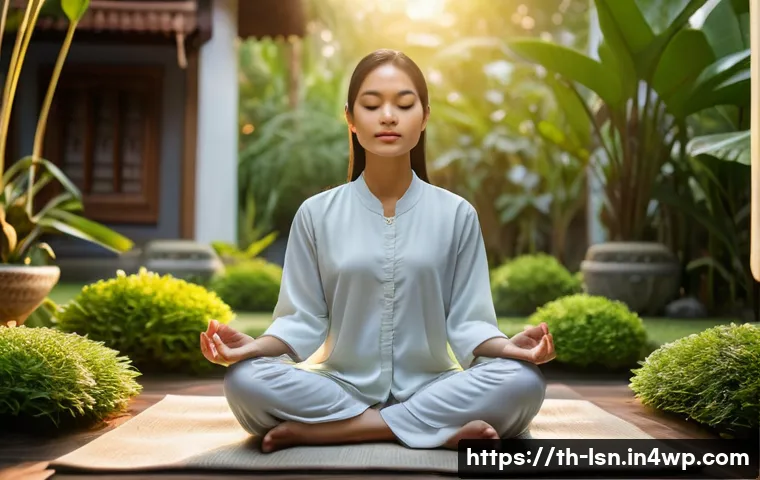 자기 목표 성취를 위한 인내심 기르기 - A serene scene showing a young Thai woman practicing mindfulness meditation in a tranquil garden at ...