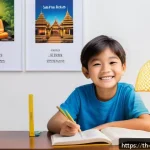 학습 인내력 향상을 위한 인센티브 제도 - A warm and inviting study corner in a modern Thai household, featuring a young Thai child around 7 y...