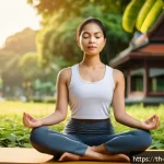 심리적 장애물 극복을 위한 인내력 기술 - A serene scene depicting a young Thai woman practicing mindfulness meditation in a peaceful urban pa...