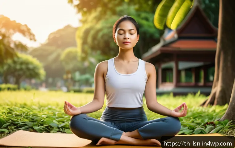 심리적 장애물 극복을 위한 인내력 기술 - A serene scene depicting a young Thai woman practicing mindfulness meditation in a peaceful urban pa...