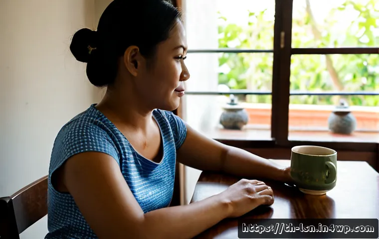 Home 29 자기 인식과 인내력의 관계 - Photorealistic Thai woman in her early 40s seated calmly at a simple wooden table beside a window, p...